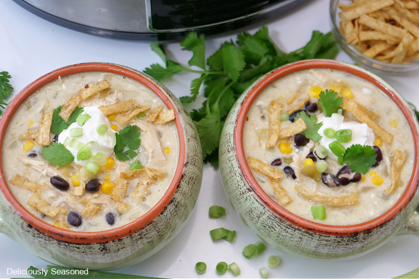A horizontal photo of two light green bowls of chicken enchilada soup.