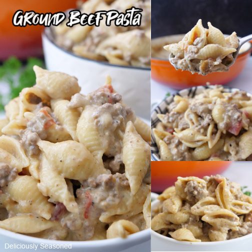 A triple photo collage of creamy ground beef pasta.