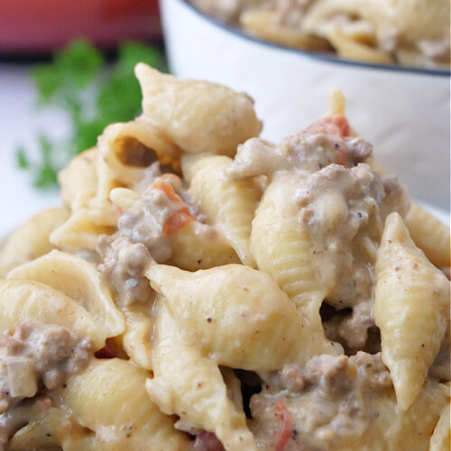 A title pic of creamy ground beef pasta in a white bowl.