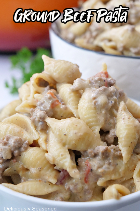 A title pic of creamy ground beef pasta in a white bowl.