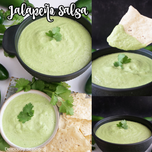 A three photo collage of jalapeno salsa.