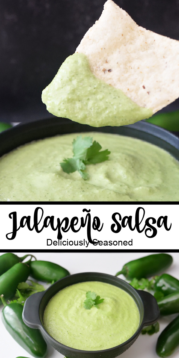 A double collage photo of jalapeno salsa.