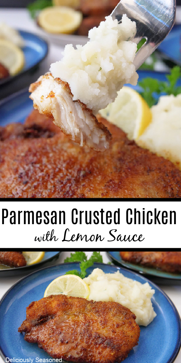 A double photo collage of parmesan crusted chicken.