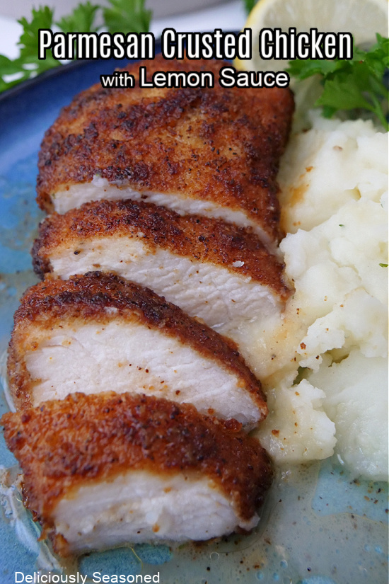 A piece of chicken cut into slices and served next to mashed potatoes.