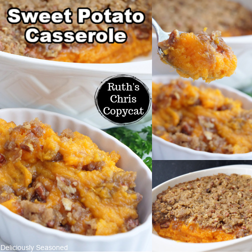 A three photo collage of sweet potato casserole in white bowls.