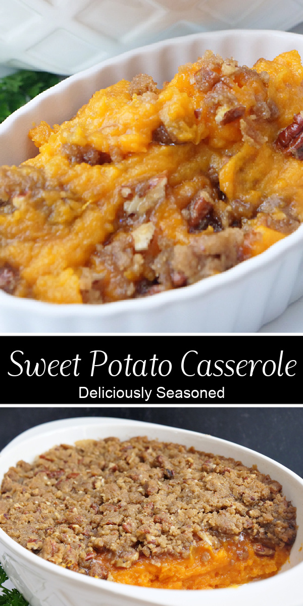 A double collage photo of sweet potato casserole in a white bowl.