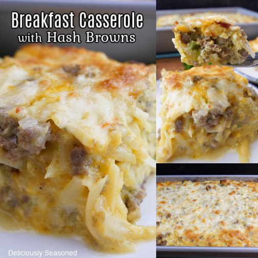 A three collage photo of breakfast casserole with hash browns.