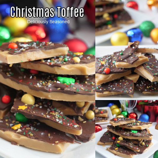 A three collage photo of Christmas Toffee staked up on top of each other on a white plate.