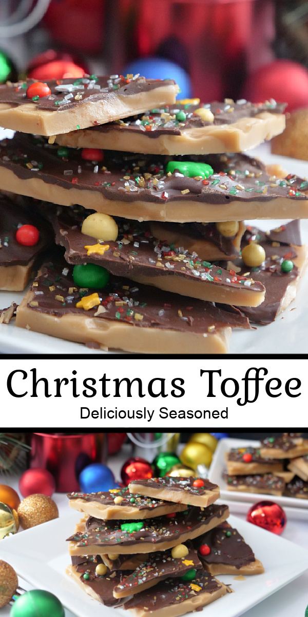 A double collage photo toffee pieces with melted chocolate and holiday sprinkles on it.