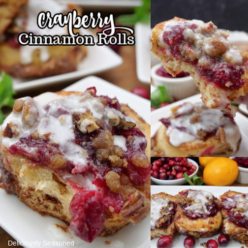 A three collage photo of cranberry cinnamon rolls on a white plate.