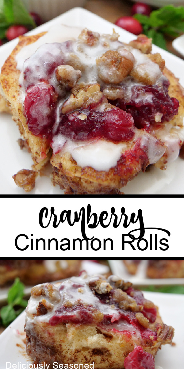 A double collage photo of cranberry cinnamon roll on a white square plalte.
