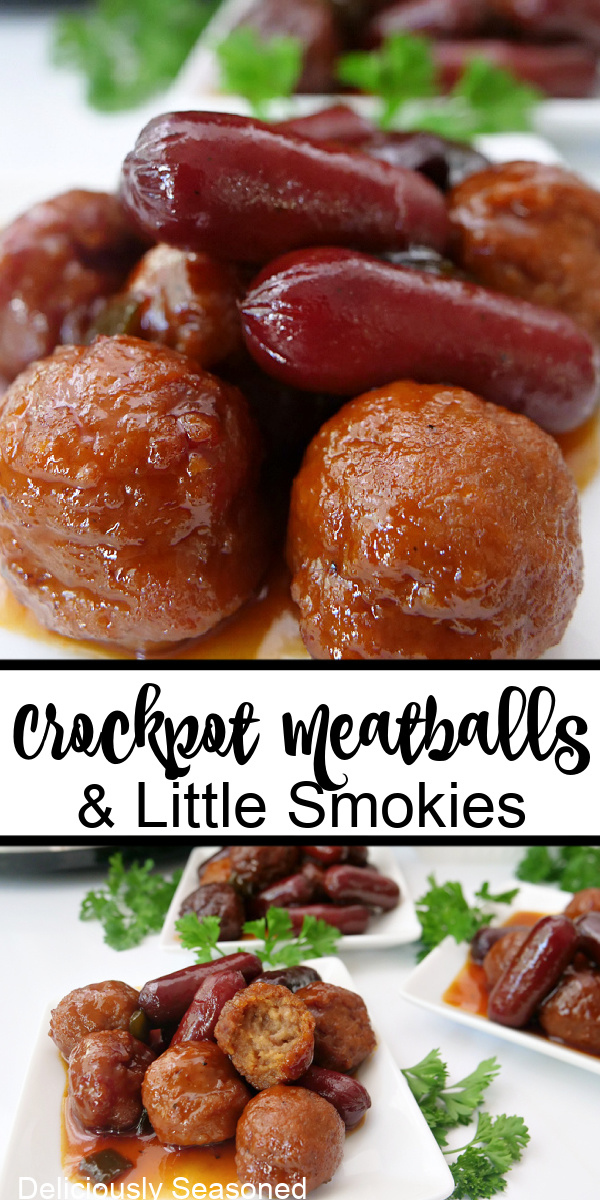 A double collage photo of meatballs and little smokies.