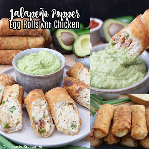A three photo collage of jalapeno popper egg rolls with chicken.