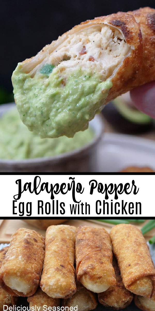 A double collage photo of jalapeno popper egg rolls with chicken.