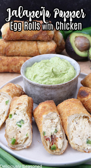 Fried egg rolls on a light grey plate with a grey bowl of avocado dip on the plate too.