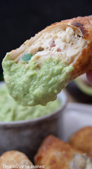 A close up of a jalapeno popper egg roll with chicken that has been dipped in the avocado dip.