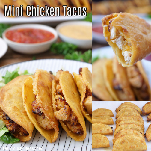 A triple collate photo of mini chicken tacos on a white plate with thin black strips.