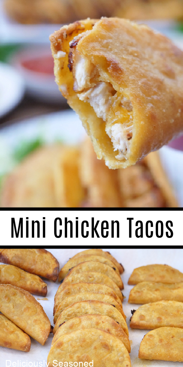 A double collage photo of fried mini chicken tacos.