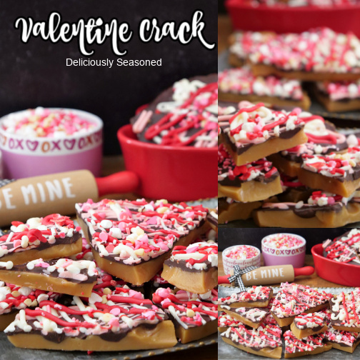 A three collage photo of pieces of Valentine crack candy toffee.
