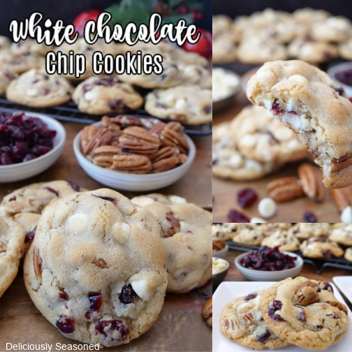 A three photo collage of white chocolate chip cookies with cranberries and pecans.
