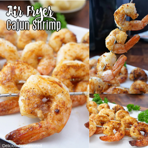 A three collage photo of air fryer Cajun shrimp.