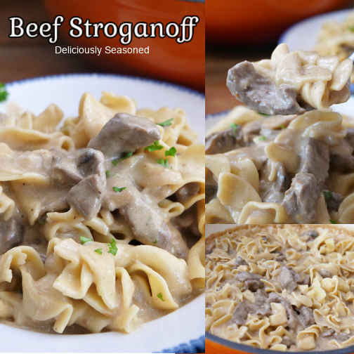 A three photo collage of beef stroganoff.