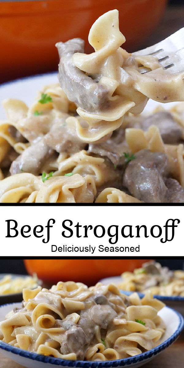 A double collage photo of beef stroganoff.
