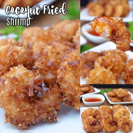 A three photo collage of coconut shrimp on a white plate.