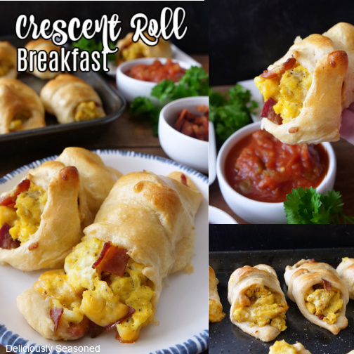 A three photo collage of crescent roll breakfast crescents.