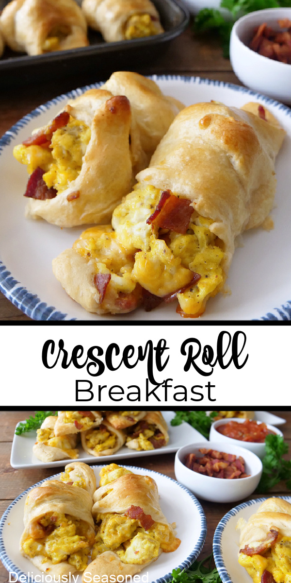 A double collage photo of breakfast crescents filled with bacon, eggs, and cheese.