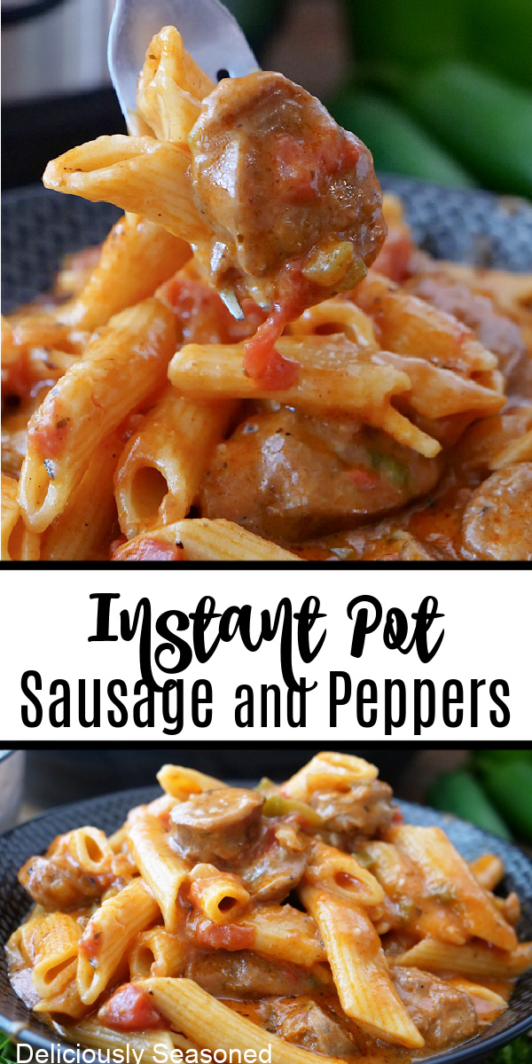 A double photo collage of sausage and pepper pasta.