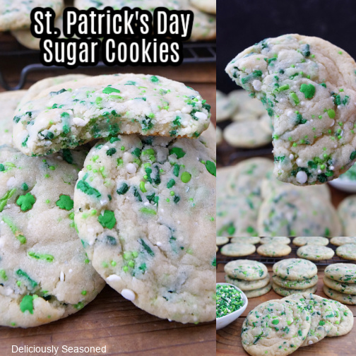 A three collage photo of St. Patrick's Day Sugar Cookies.