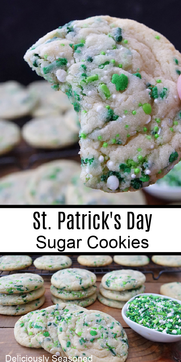A double collage photo of sugar cookies with St Patrick's day sprinkles added.