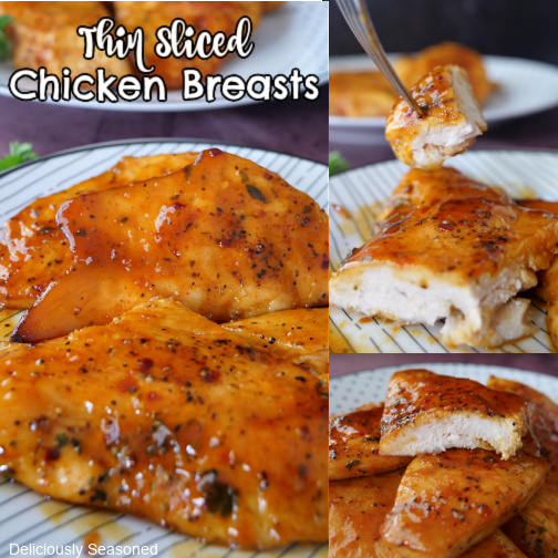 A three collage photo of thin sliced chicken breasts on a white plate.