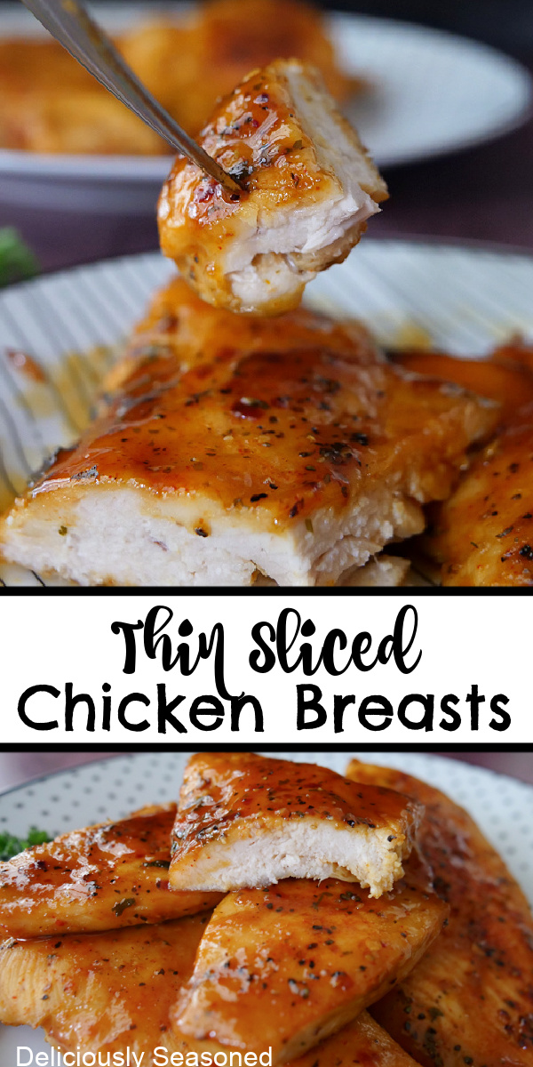 A double collage photo of thin chicken breasts with the title of the recipe in the center of the two photos.