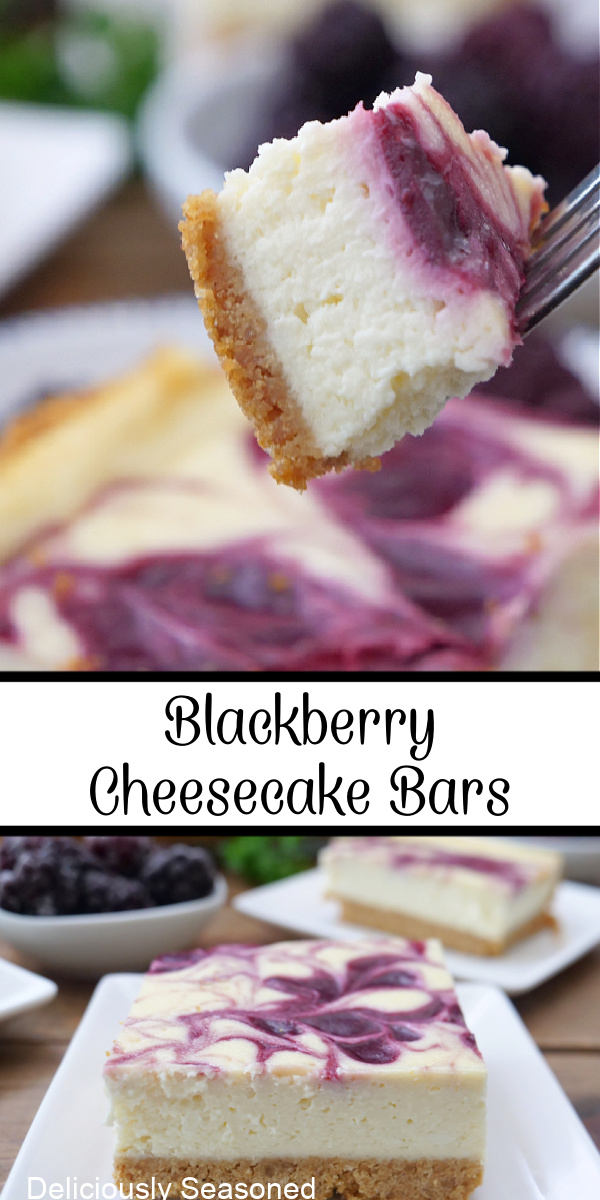 A double collage photo of blackberry cheesecake bars with the title of the recipe in the center of the two photos.