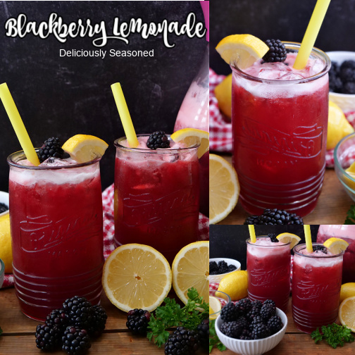 A three photo collage of blackberry lemonade.
