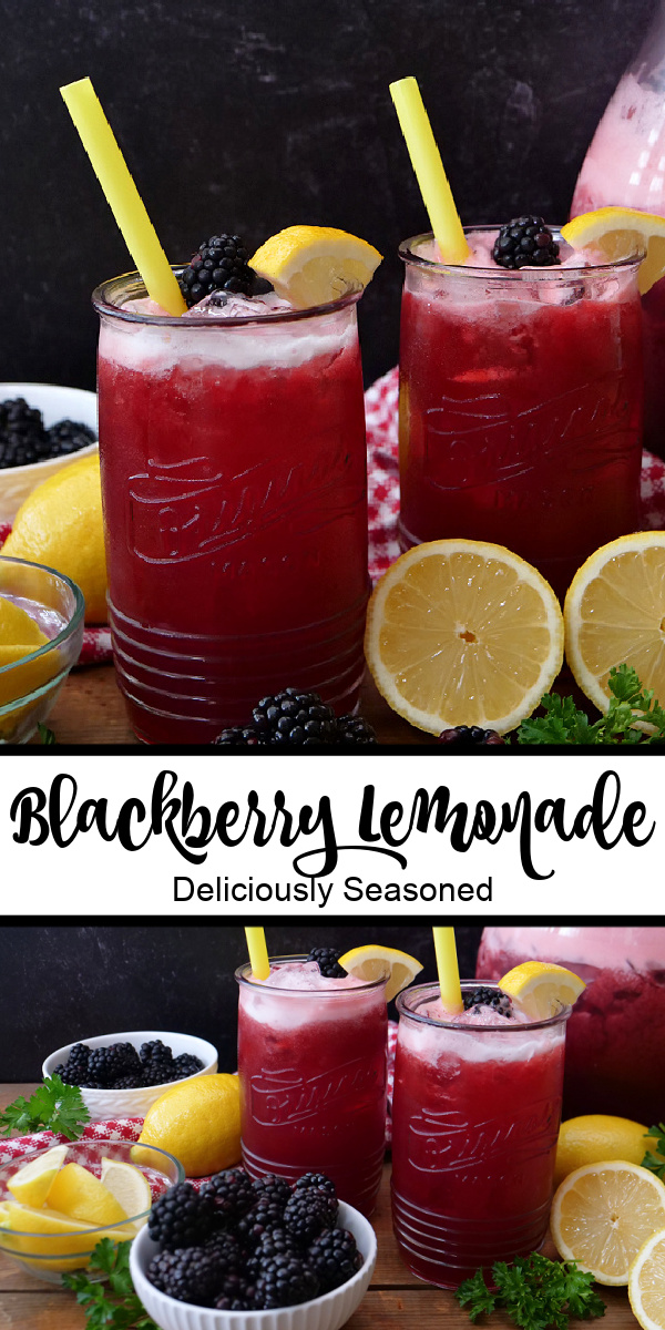 A double photo collage of blackberry lemonade.