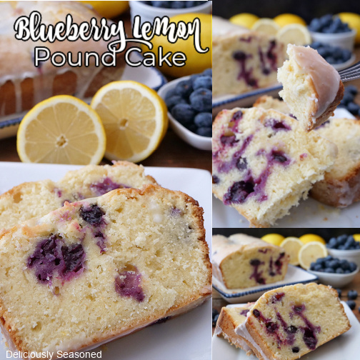 A three-photo collage of blueberry lemon pound cake with the title at the top left corner.