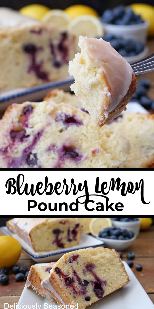 A double photo of sliced blueberry lemon pound cake with the title in the middle.