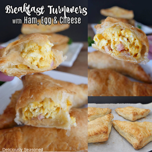 Three photo collage of breakfast turnovers on white plates. 
