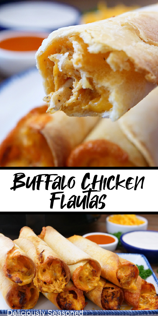 A double collage photo of buffalo chicken flautas with the title of the recipe in the center.