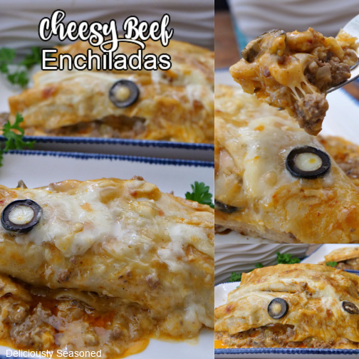 A three photo collage of beef enchiladas on a white plate with blue trim.