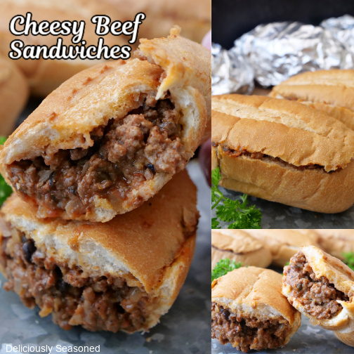 A three collage photo of cheesy beef sandwiches made in French rolls.