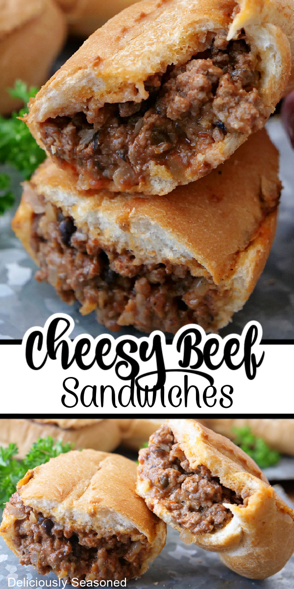 A double collage photo of cheesy beef sandwiches with the title of the recipe in the center of the two pictures.