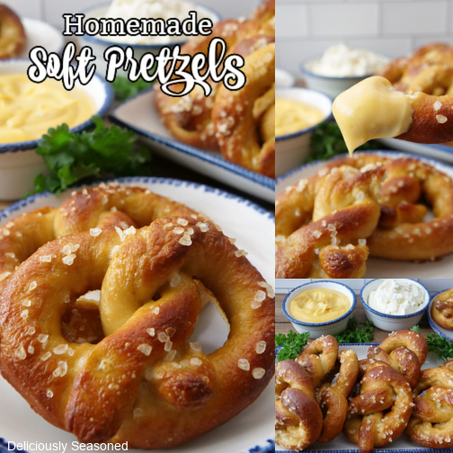 A three photo collage of soft pretzels on a white plate. 