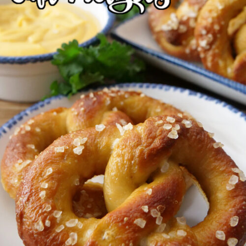 A soft pretzel on a white plate.