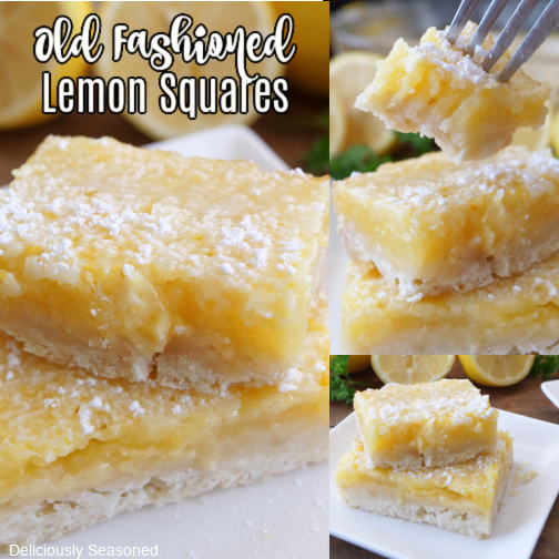 A three collage photo of old fashioned lemon squares on a white plate.