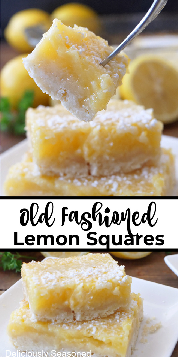 A double collage photo of lemon squares with the title of the recipe in the center of the two pictures.