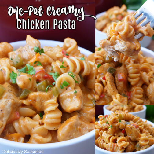 A three-photo collage of creamy chicken pasta with the title at the top left corner.